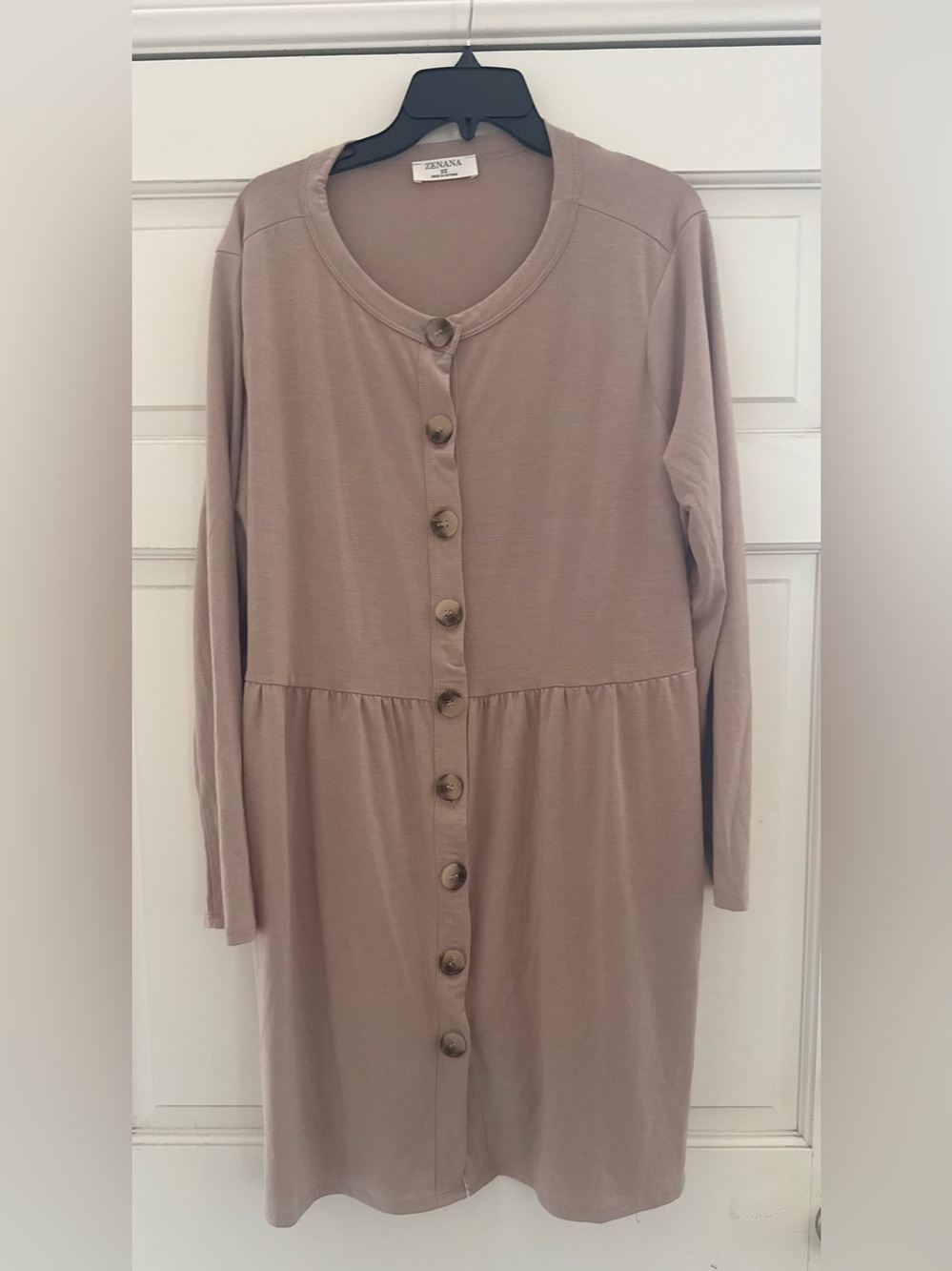 Zenana Womens Shirred Waist Button Up Cardigan Sz 2X Taupe Side Pockets Long Slv